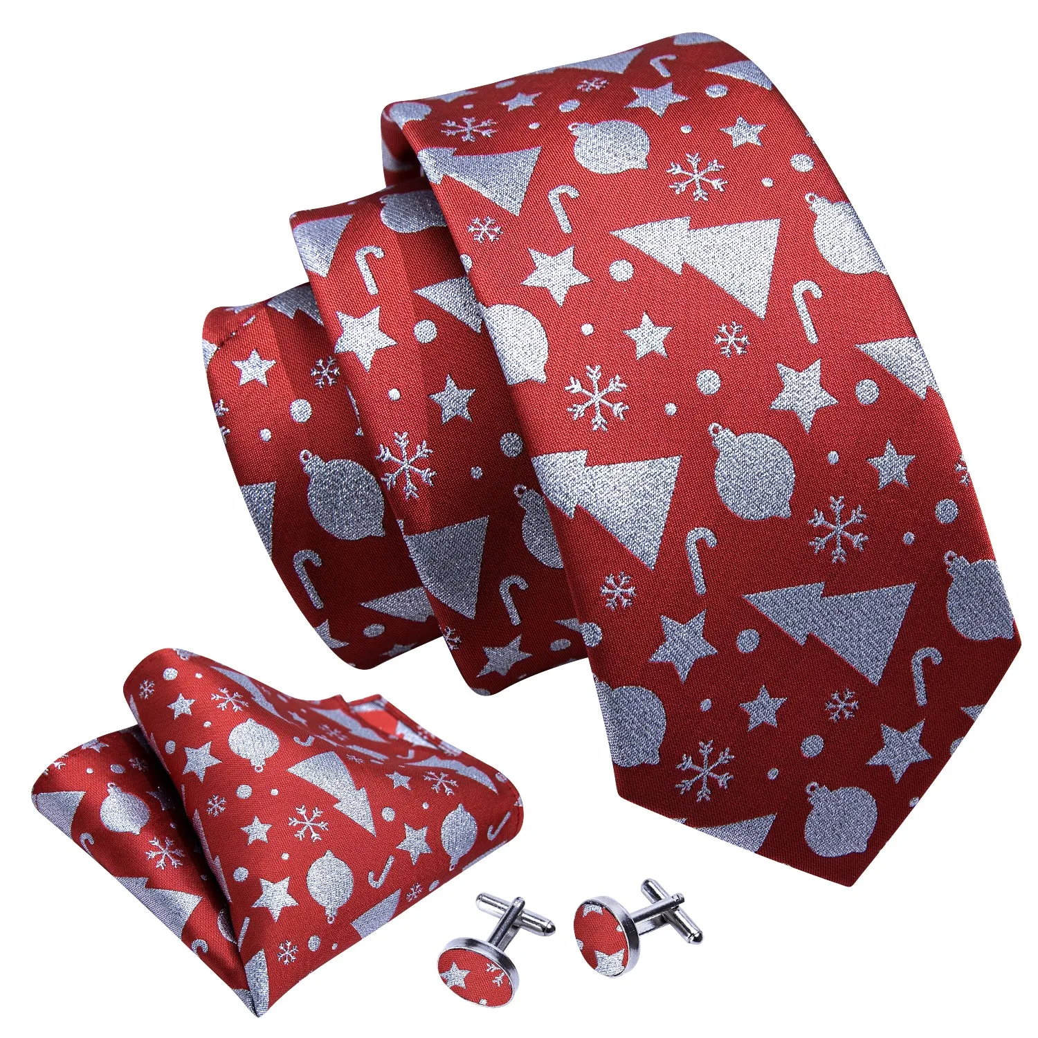 Barry. Wang Holiday Red Tie Silver Xmas Novelty Silk Necktie Pocket Square Cufflinks Set sold by Barrywang product image thumbnail 4