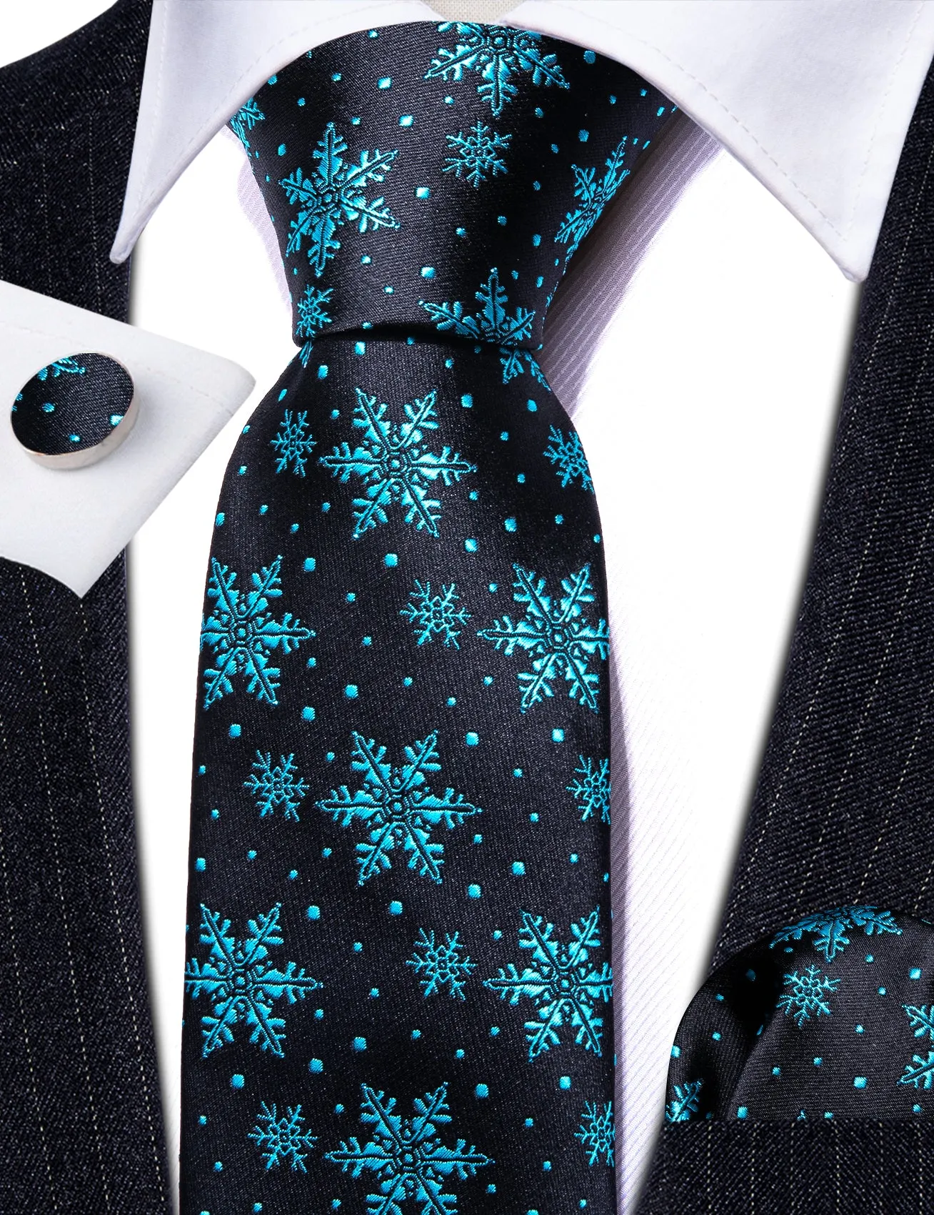 Barry. Wang Holiday Blue Snowflake Tie Black Suit Necktie Handkerchief Cufflinks Set sold by Barrywang product image thumbnail 5