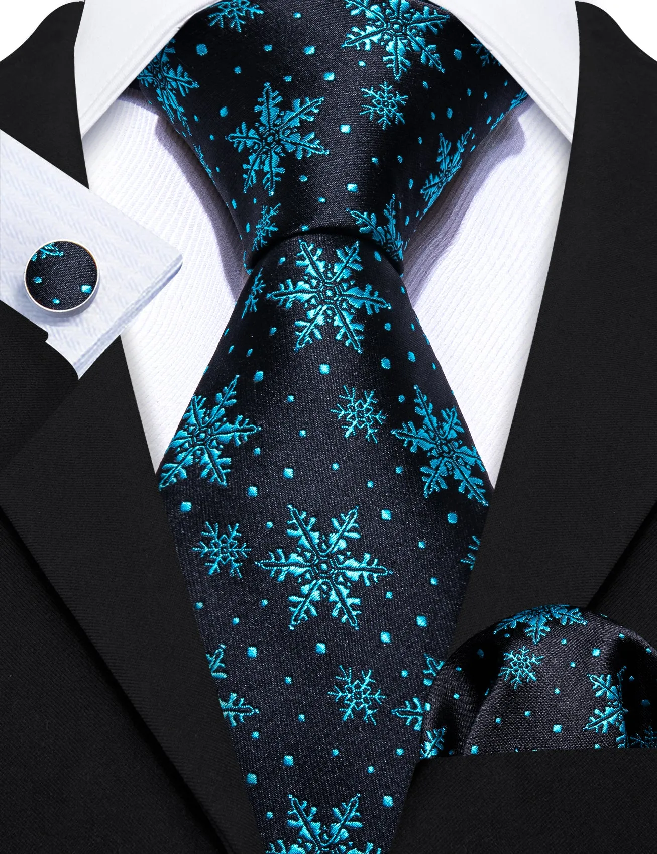 Barry. Wang Holiday Blue Snowflake Tie Black Suit Necktie Handkerchief Cufflinks Set sold by Barrywang product image thumbnail 4