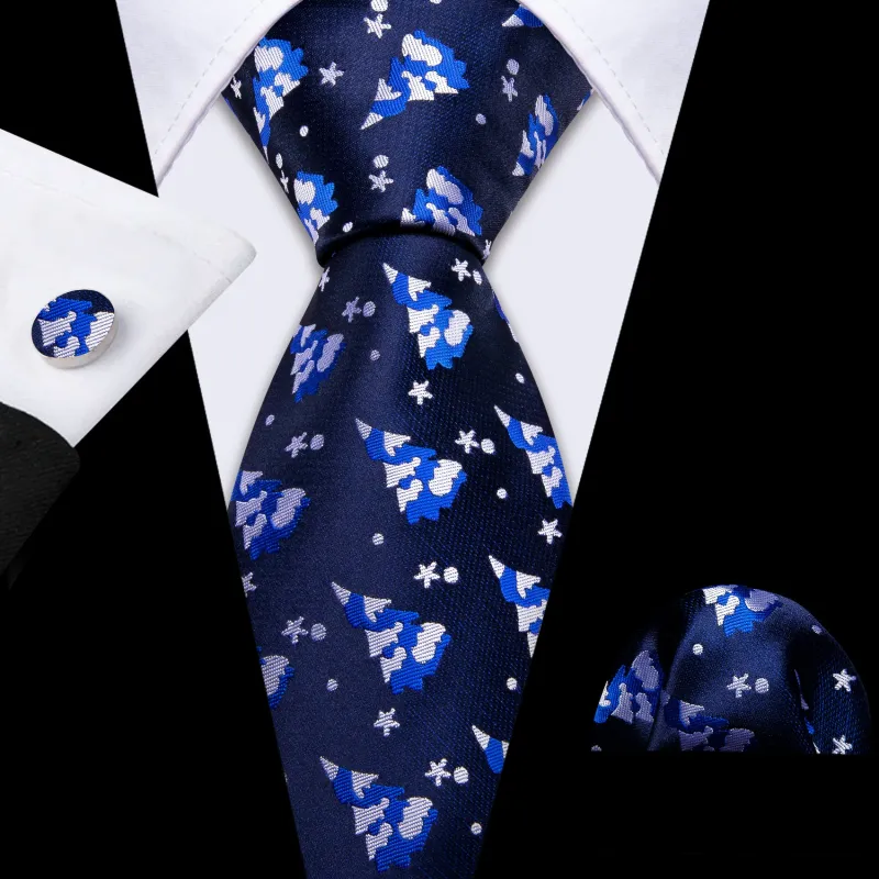 Barry. Wang Mens Holiday Navy Blue Tie Navy Blue Xmas Tree Necktie Pocket Square Cufflinks Set sold by Barrywang