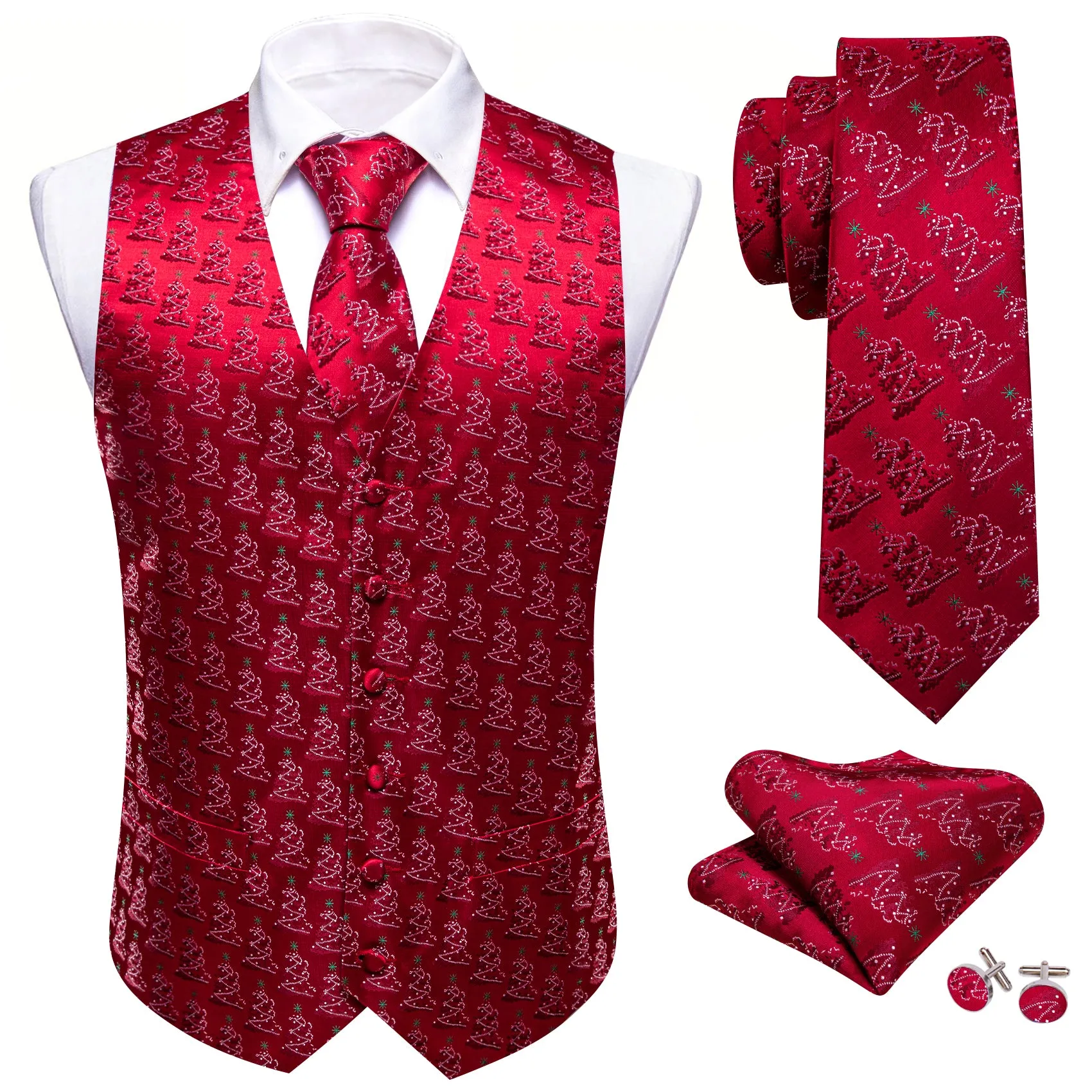 Barry. Wang Holiday Red Tree Suit Vest Silk Party Waistcoat Tie Hanky Cufflinks Set sold by Barrywang product image thumbnail 5