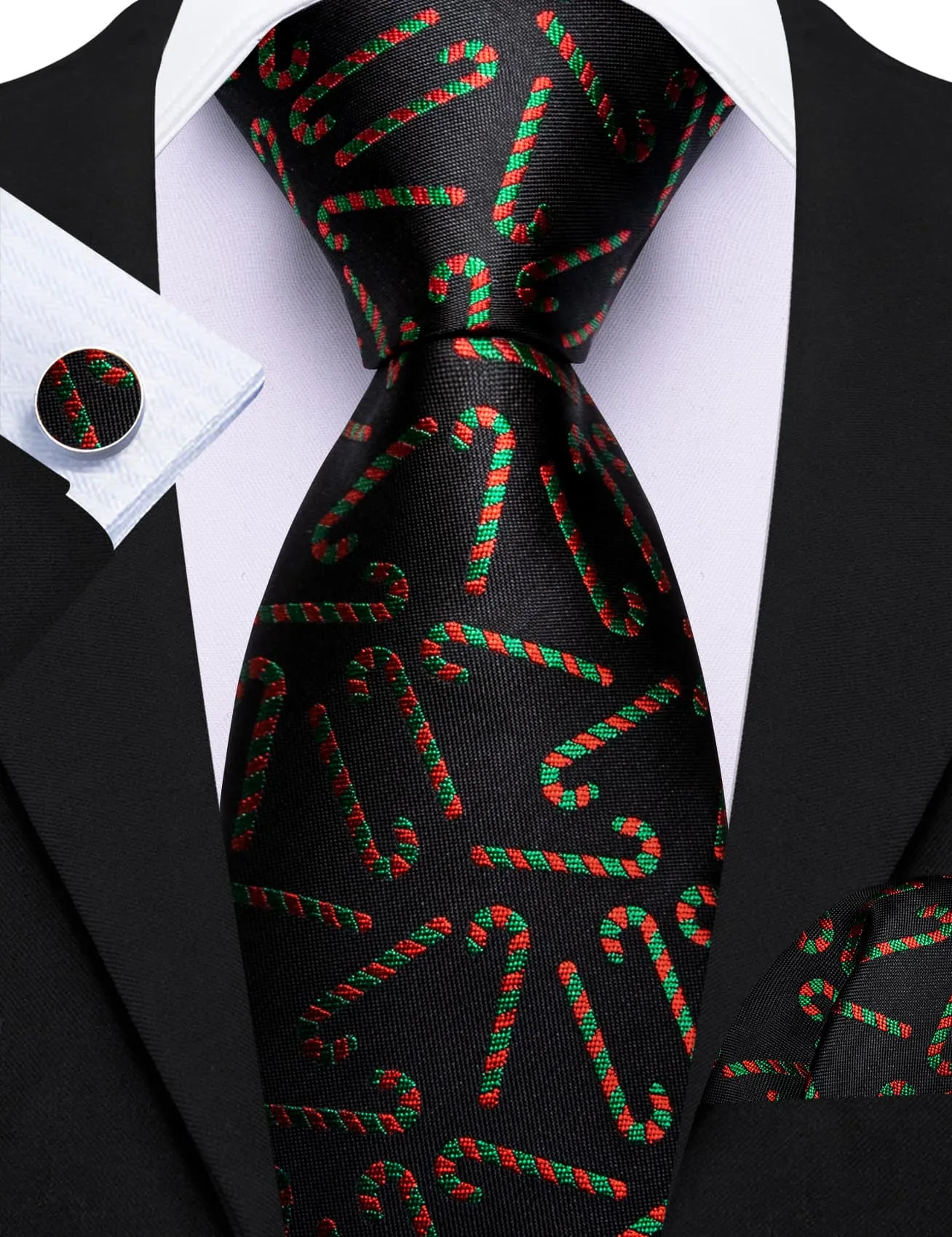 Barry. Wang Xmas Necktie Black Tie Holiday Candy Cane Necktie Hanky Cufflinks Set sold by Barrywang product image thumbnail 2