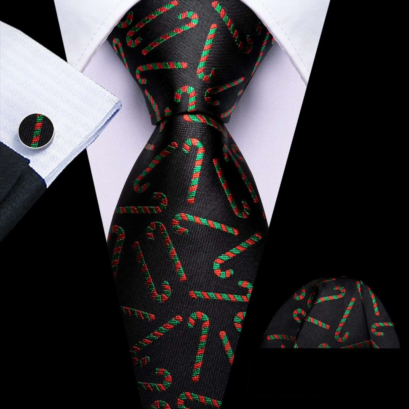 Barry. Wang Xmas Necktie Black Tie Holiday Candy Cane Necktie Hanky Cufflinks Set sold by Barrywang