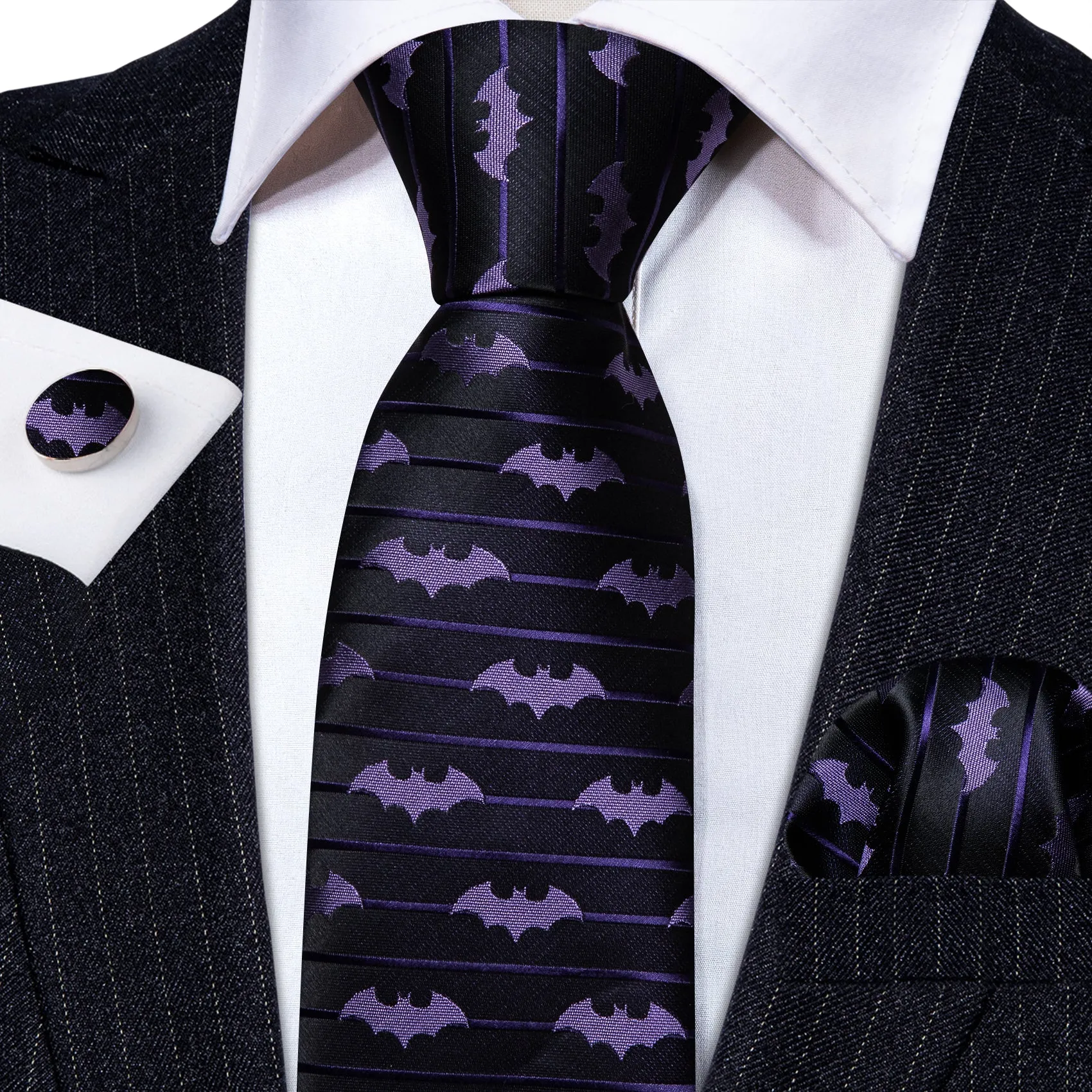 Barry. Wang Purple Bat Necktie Mens Silk Tie Pocket Square Cufflinks Set sold by Barrywang product image thumbnail 2