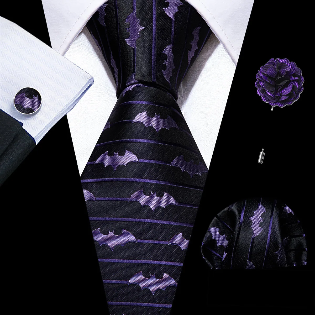 Barry. Wang Purple Bat Necktie Mens Silk Tie Pocket Square Cufflinks Set sold by Barrywang