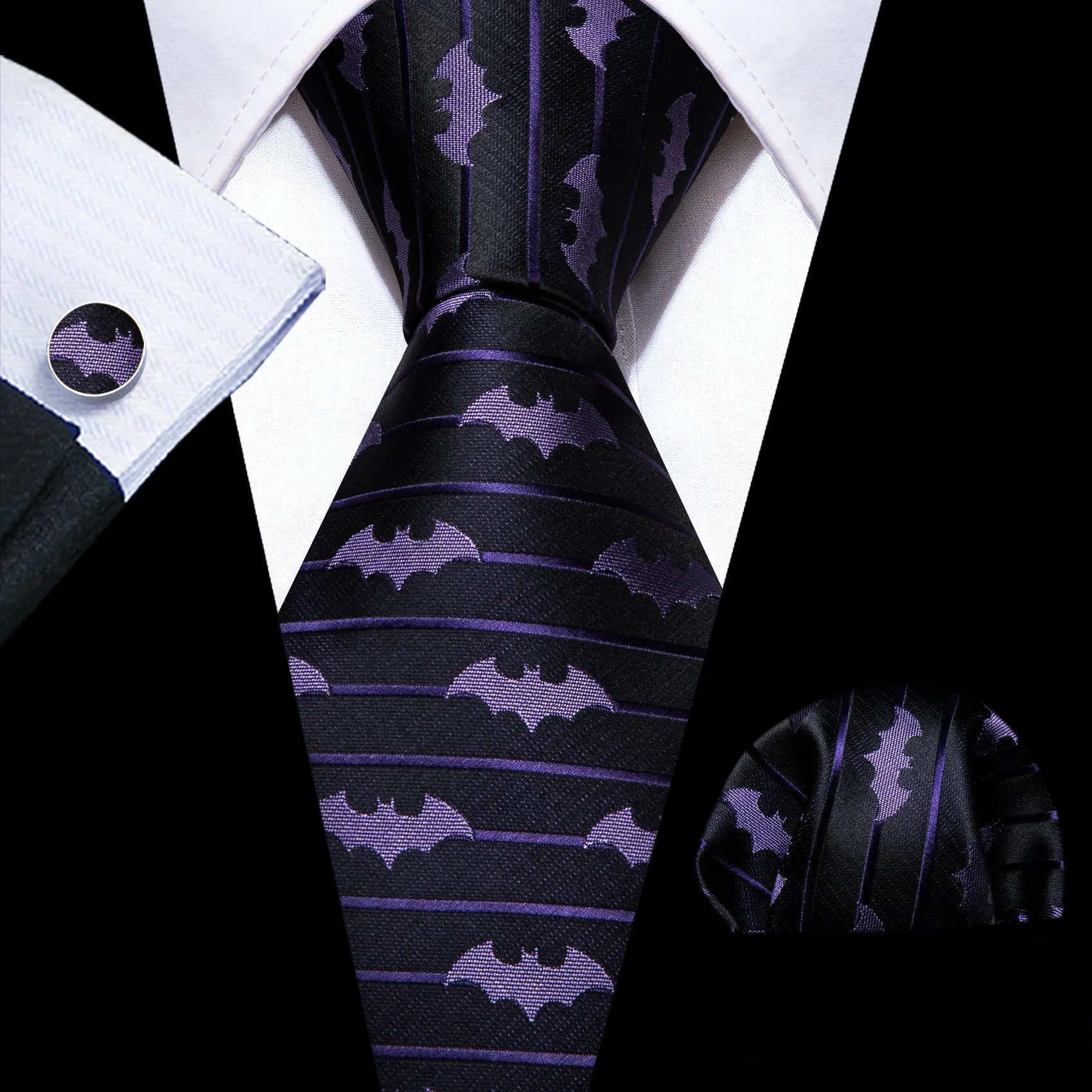 Barry. Wang Purple Bat Necktie Mens Silk Tie Pocket Square Cufflinks Set sold by Barrywang product image thumbnail 3