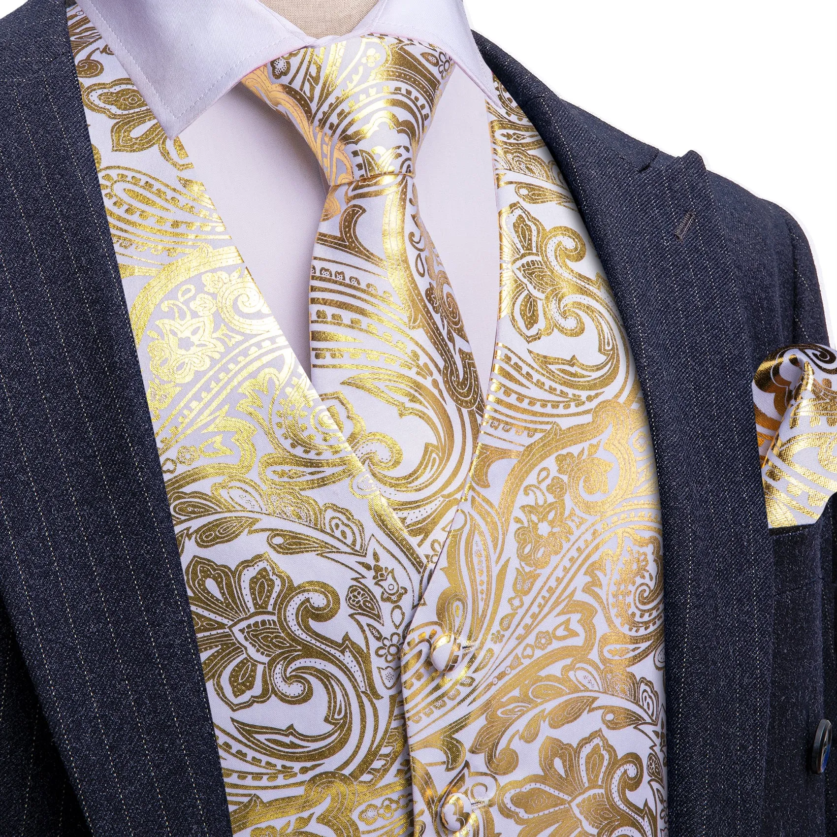 Barry. Wang Mens Gold Suit Vests Paisley Jacquard Formal Waistcoat Tie Hanky Clfflinks Set sold by Barrywang