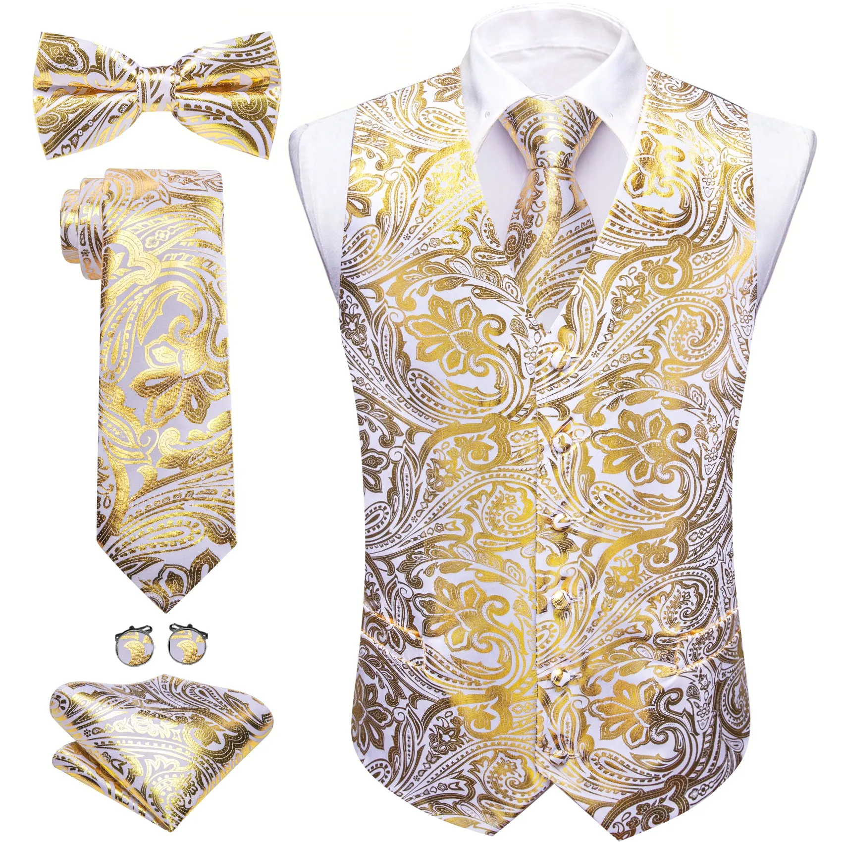 Barry. Wang Mens Gold Suit Vests Paisley Jacquard Formal Waistcoat Tie Hanky Clfflinks Set sold by Barrywang product image thumbnail 2