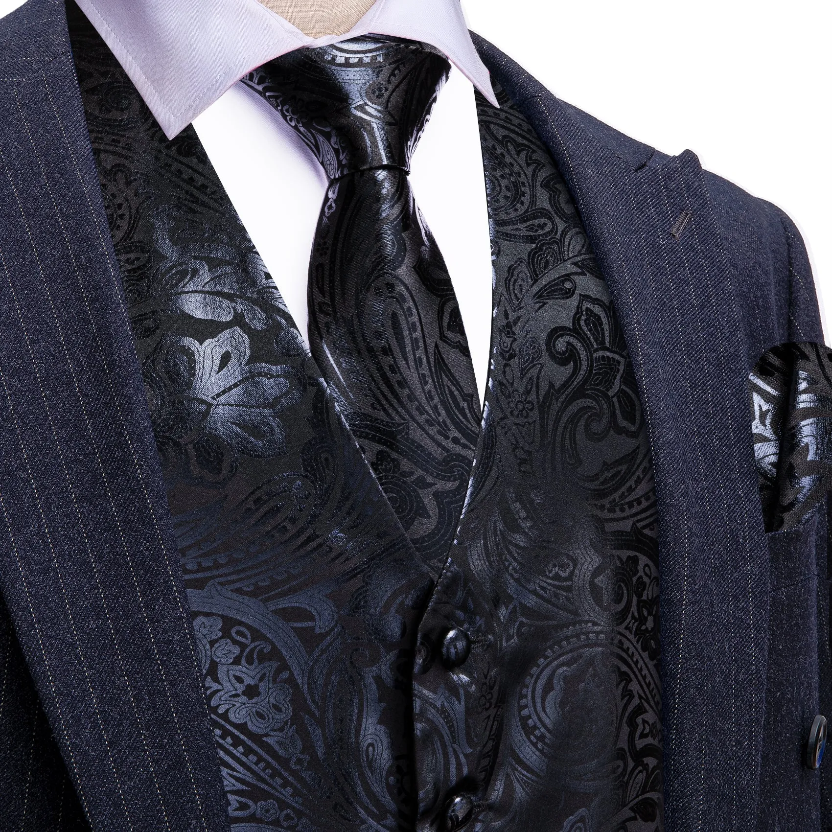 Barry. Wang Black Formal Vest Paisley V-neck Dress Vest Necktie Hanky Cufflinks Set sold by Barrywang