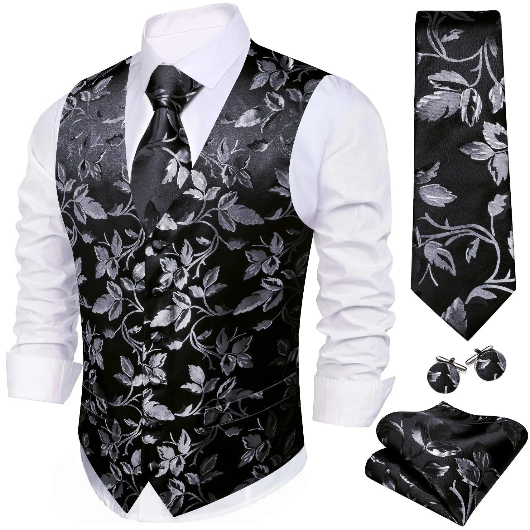 Barry. Wang Silver Floral Formal Vest Black Suit Vest Necktie Pocket Square Cufflinks Set sold by Barrywang product image thumbnail 4