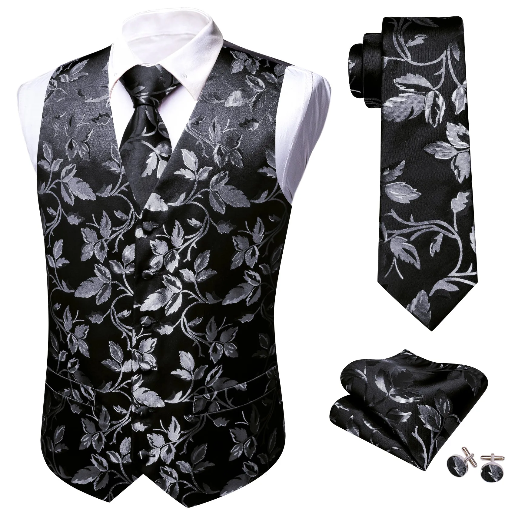 Barry. Wang Silver Floral Formal Vest Black Suit Vest Necktie Pocket Square Cufflinks Set sold by Barrywang product image thumbnail 3