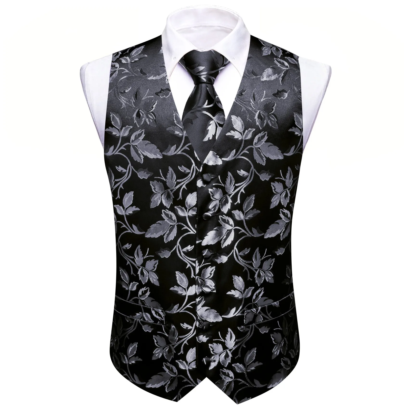 Barry. Wang Silver Floral Formal Vest Black Suit Vest Necktie Pocket Square Cufflinks Set sold by Barrywang product image thumbnail 5