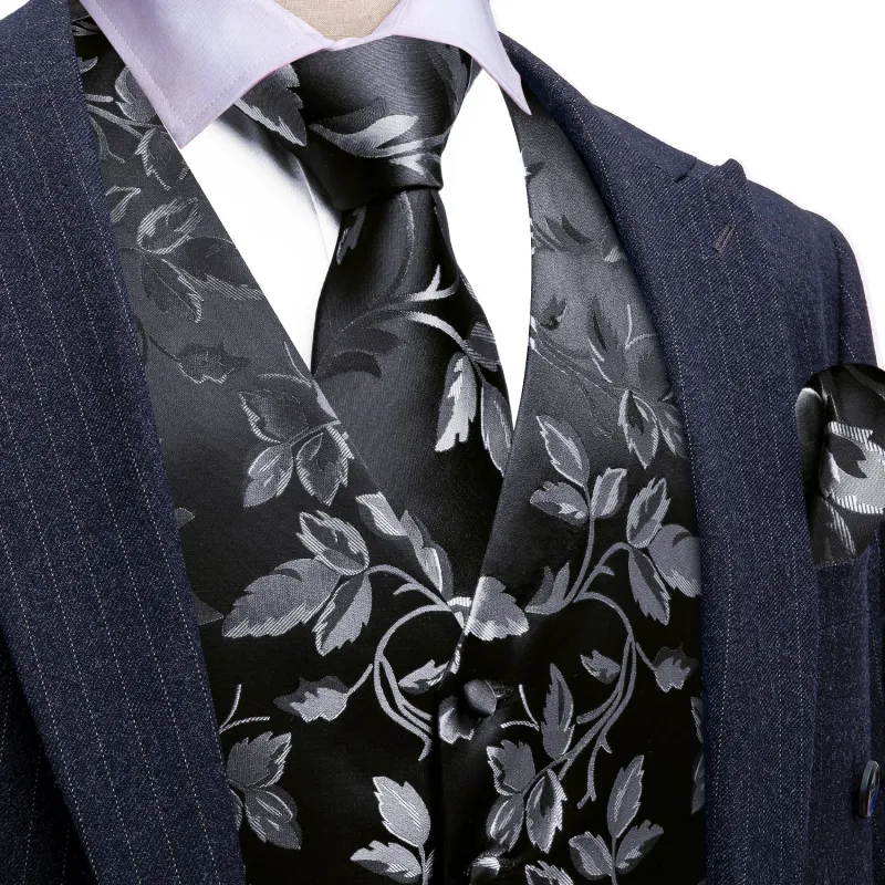 Barry. Wang Silver Floral Formal Vest Black Suit Vest Necktie Pocket Square Cufflinks Set sold by Barrywang