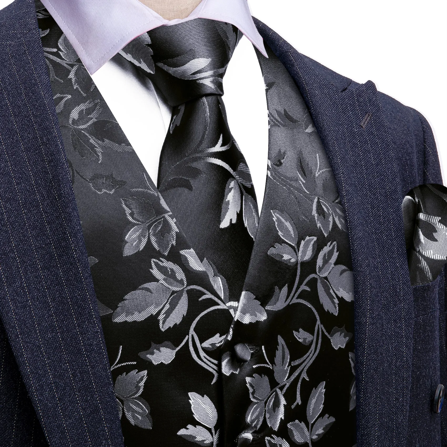 Barry. Wang Silver Floral Formal Vest Black Suit Vest Necktie Pocket Square Cufflinks Set sold by Barrywang