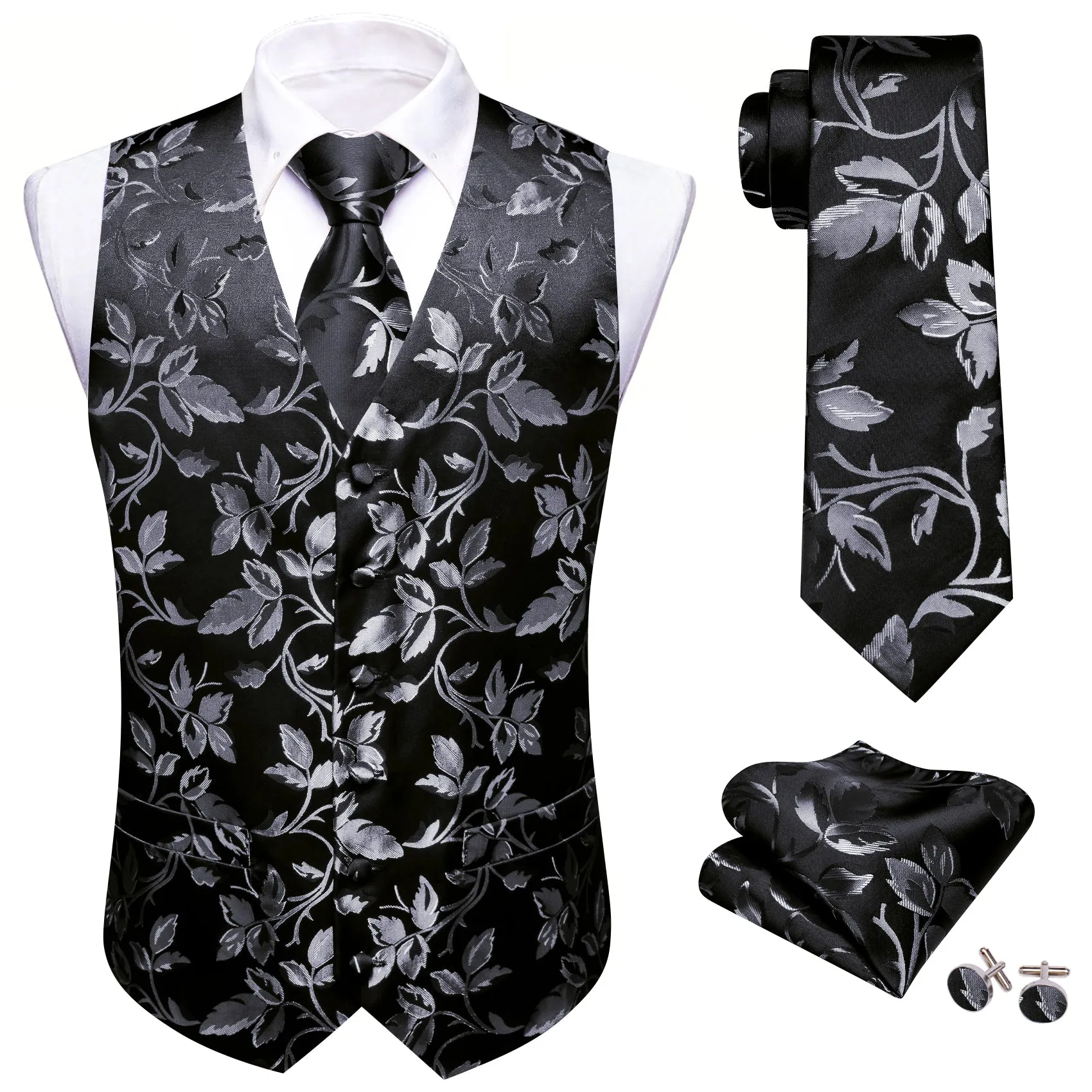 Barry. Wang Silver Floral Formal Vest Black Suit Vest Necktie Pocket Square Cufflinks Set sold by Barrywang product image thumbnail 2
