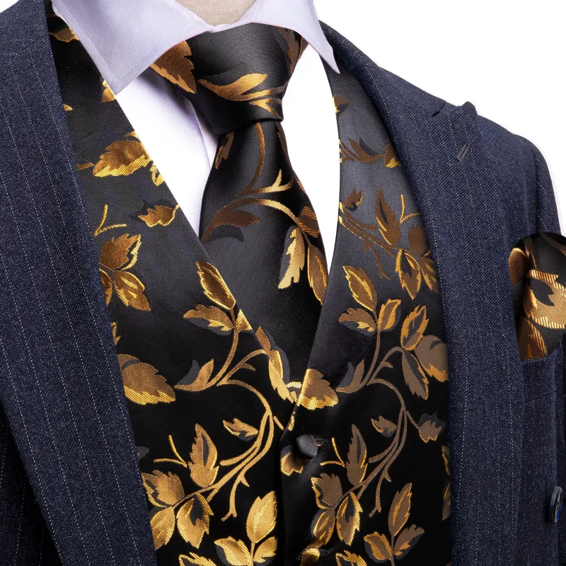Barry. Wang Gold Floral Suit Vest Black Wedding Dress Waistcoat Tie Handkercheif Cufflinks Set sold by Barrywang