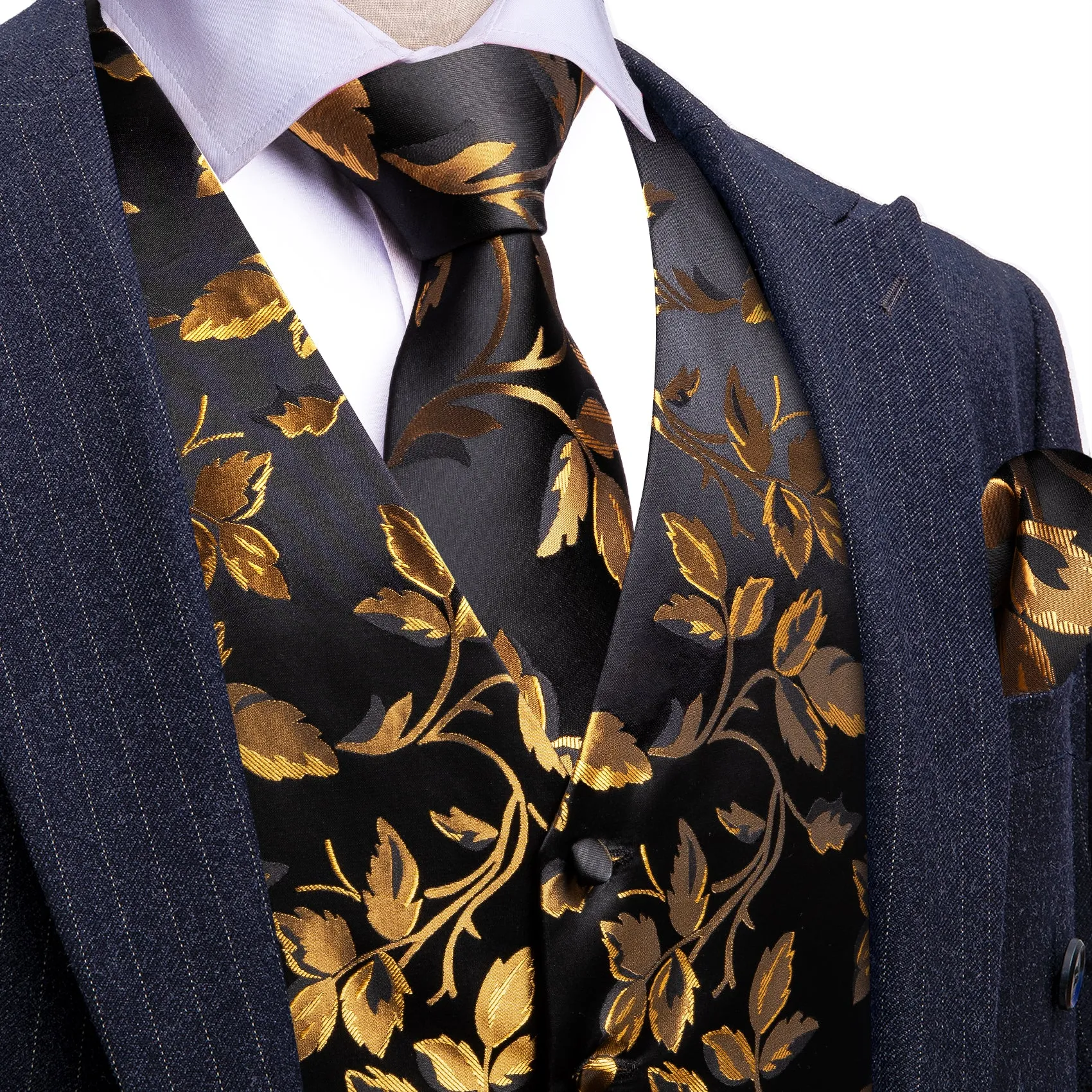 Barry. Wang Gold Floral Suit Vest Black Wedding Dress Waistcoat Tie Handkercheif Cufflinks Set sold by Barrywang