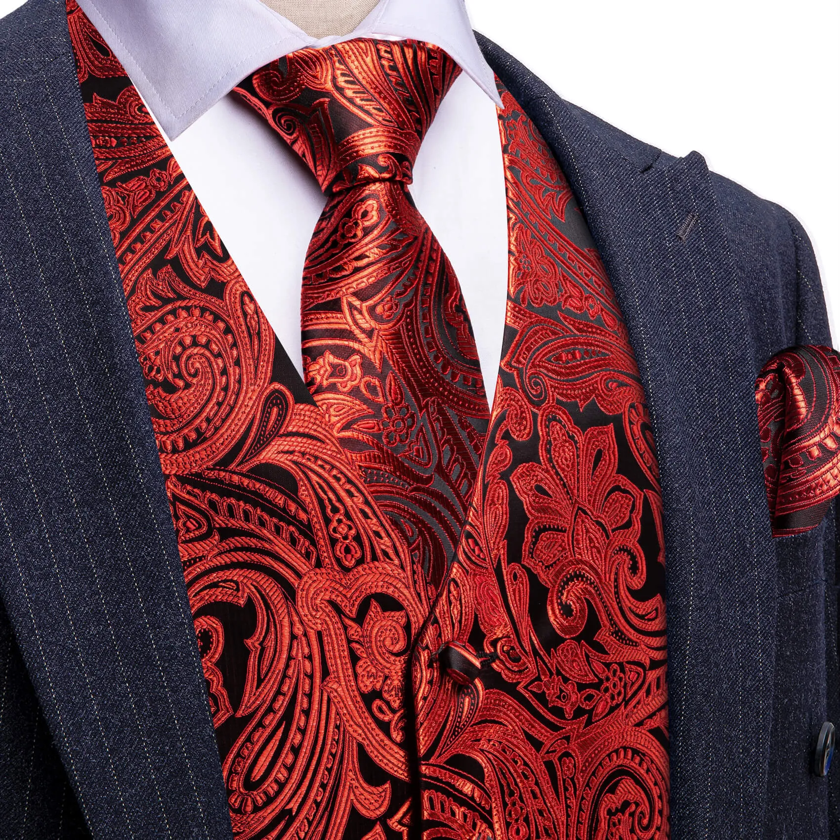 Barry. Wang Mens Paisley Suit Vest Red Silk Formal Vest Tie Pocket Square Cufflinks Set sold by Barrywang