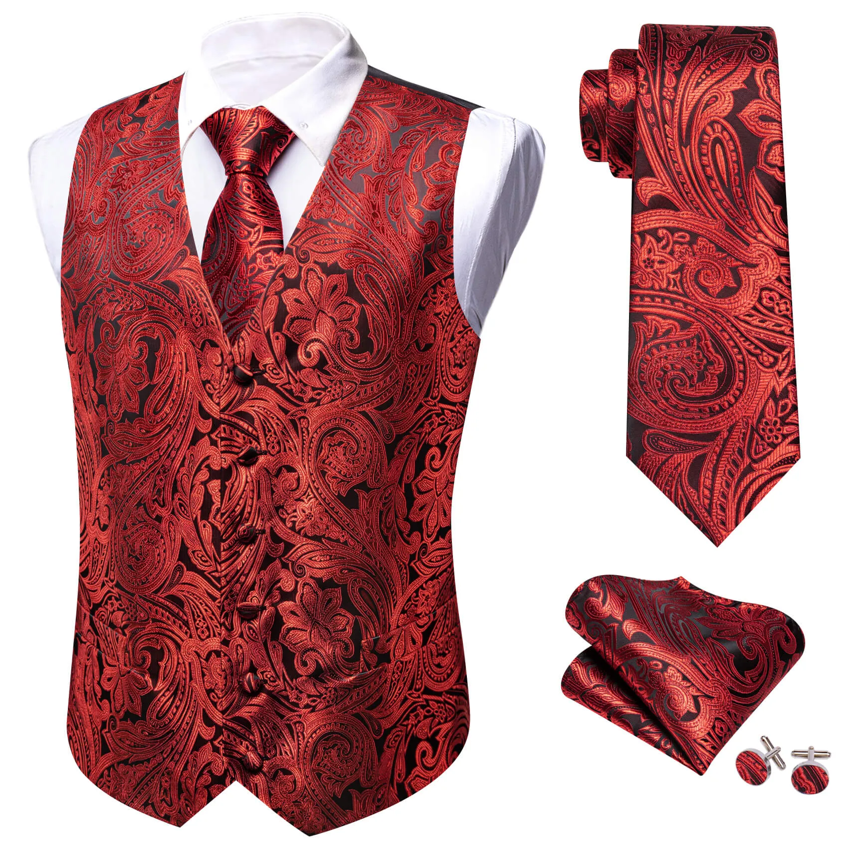 Barry. Wang Mens Paisley Suit Vest Red Silk Formal Vest Tie Pocket Square Cufflinks Set sold by Barrywang product image thumbnail 3