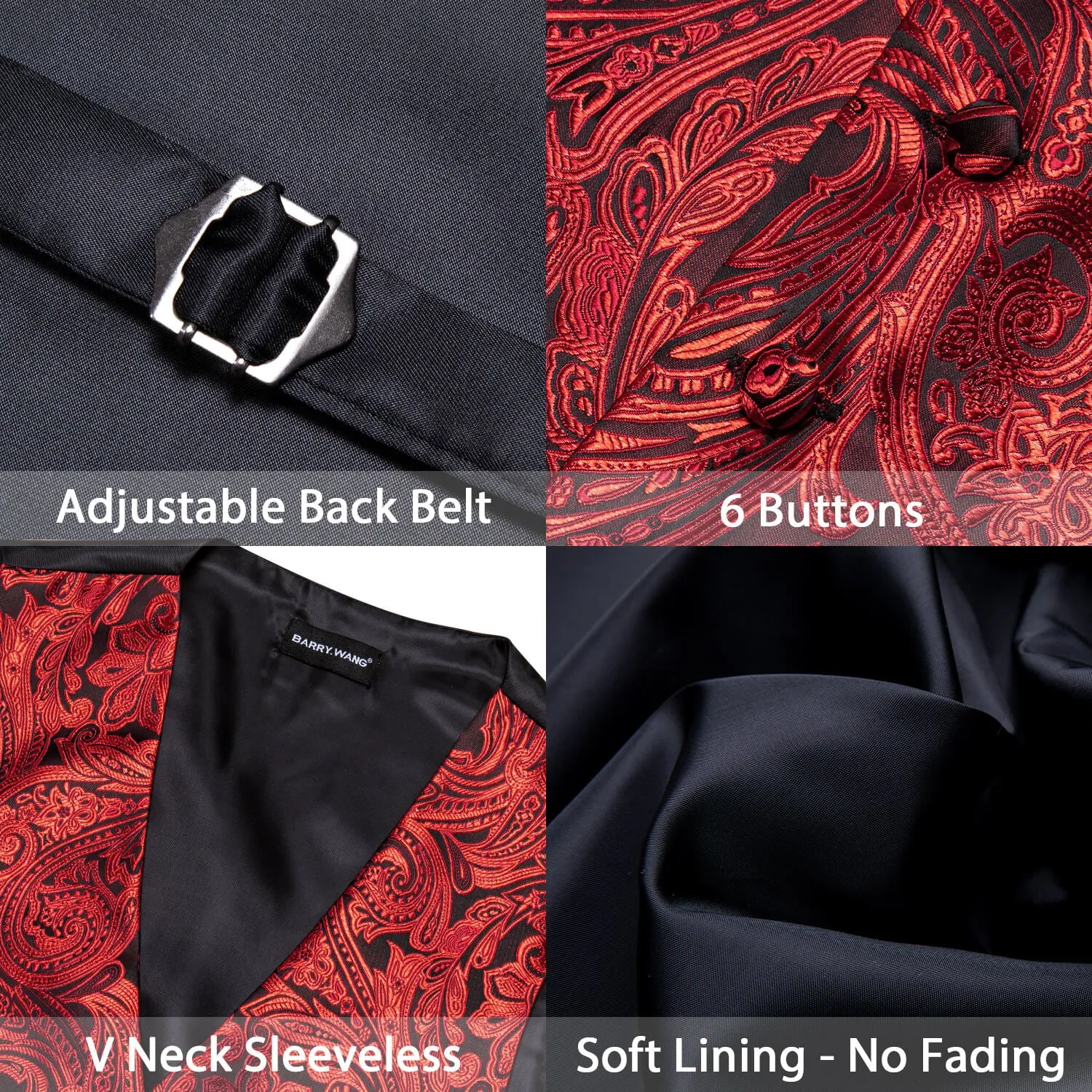 Barry. Wang Mens Paisley Suit Vest Red Silk Formal Vest Tie Pocket Square Cufflinks Set sold by Barrywang product image thumbnail 4