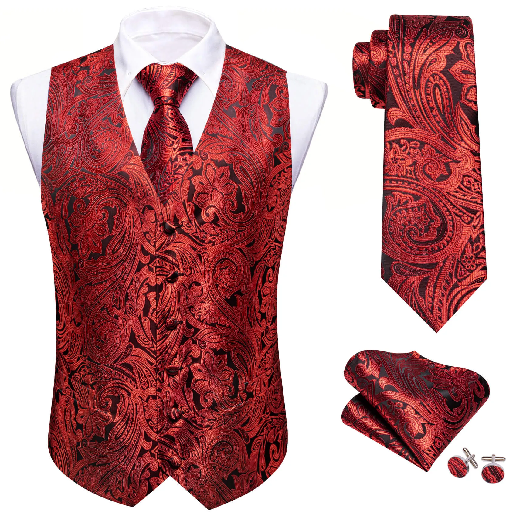 Barry. Wang Mens Paisley Suit Vest Red Silk Formal Vest Tie Pocket Square Cufflinks Set sold by Barrywang product image thumbnail 2