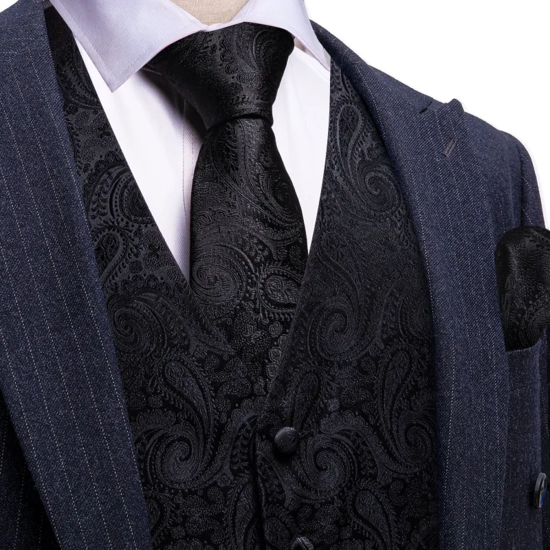 Barry. Wang Black Paisley Suit Vest V-Neck Business Dress Waistcoat Tie Hanky Cufflinks Set sold by Barrywang
