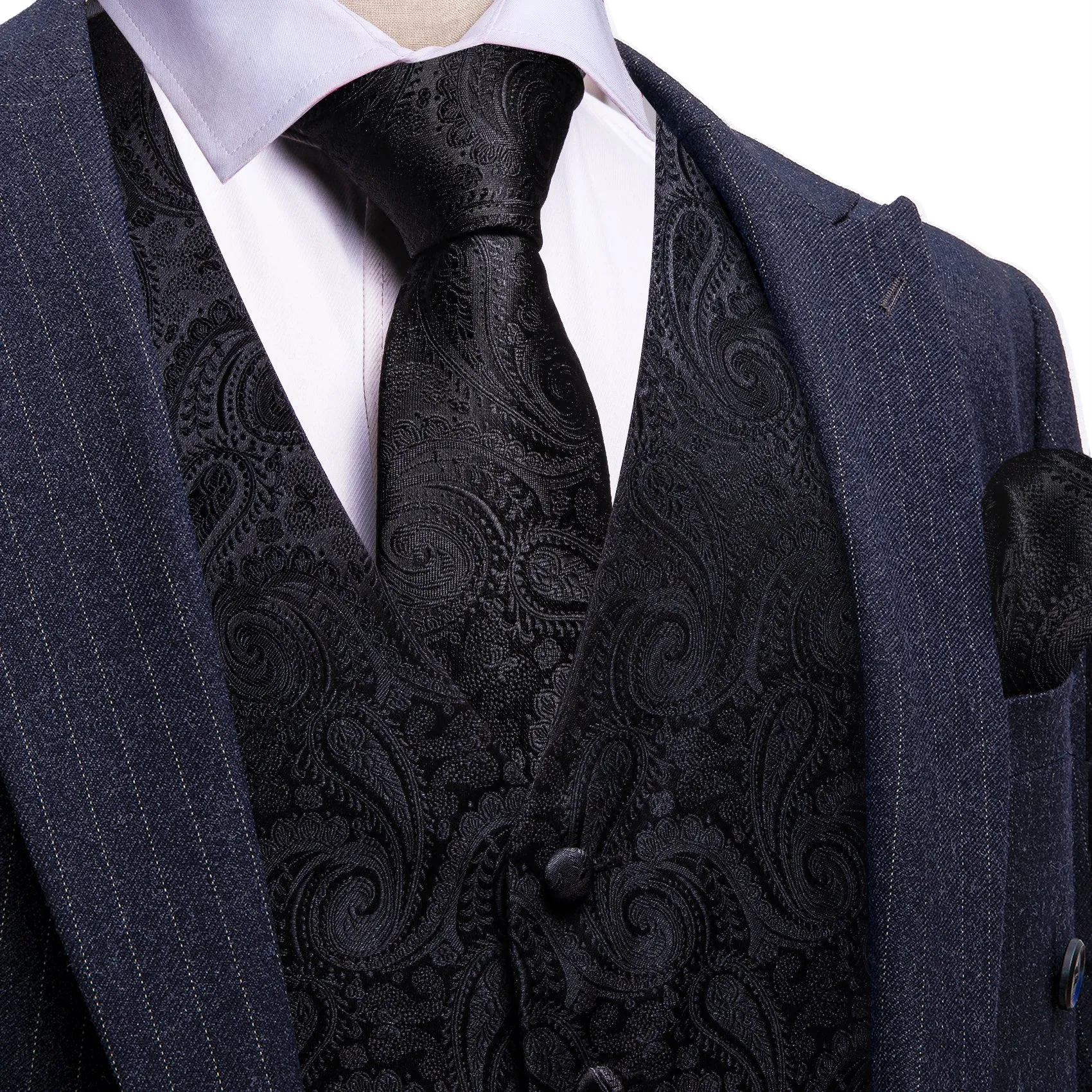 Barry. Wang Black Paisley Suit Vest V-Neck Business Dress Waistcoat Tie Hanky Cufflinks Set sold by Barrywang