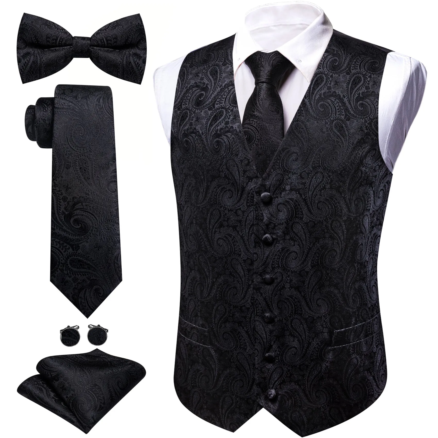 Barry. Wang Black Paisley Suit Vest V-Neck Business Dress Waistcoat Tie Hanky Cufflinks Set sold by Barrywang product image thumbnail 2
