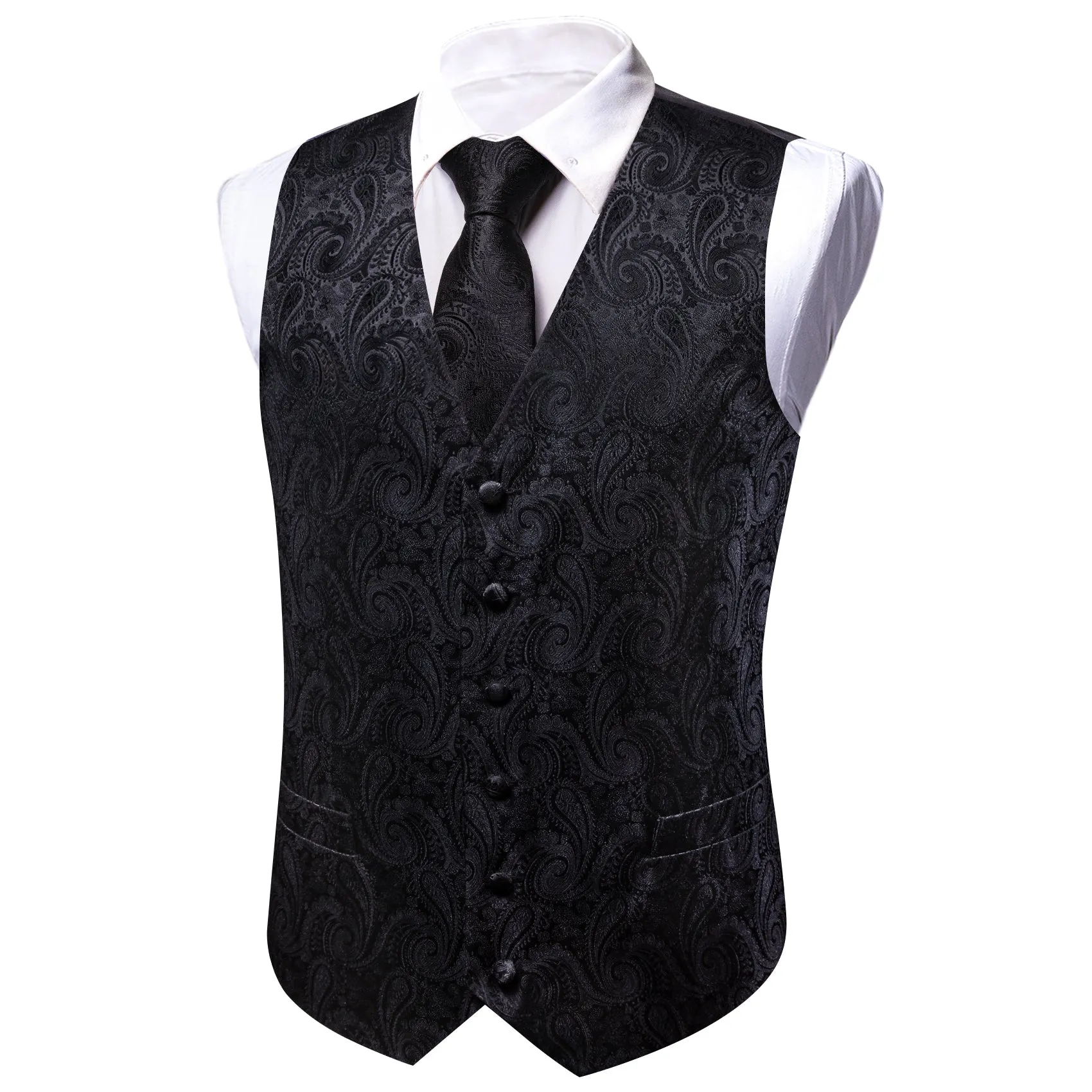 Barry. Wang Black Paisley Suit Vest V-Neck Business Dress Waistcoat Tie Hanky Cufflinks Set sold by Barrywang product image thumbnail 4