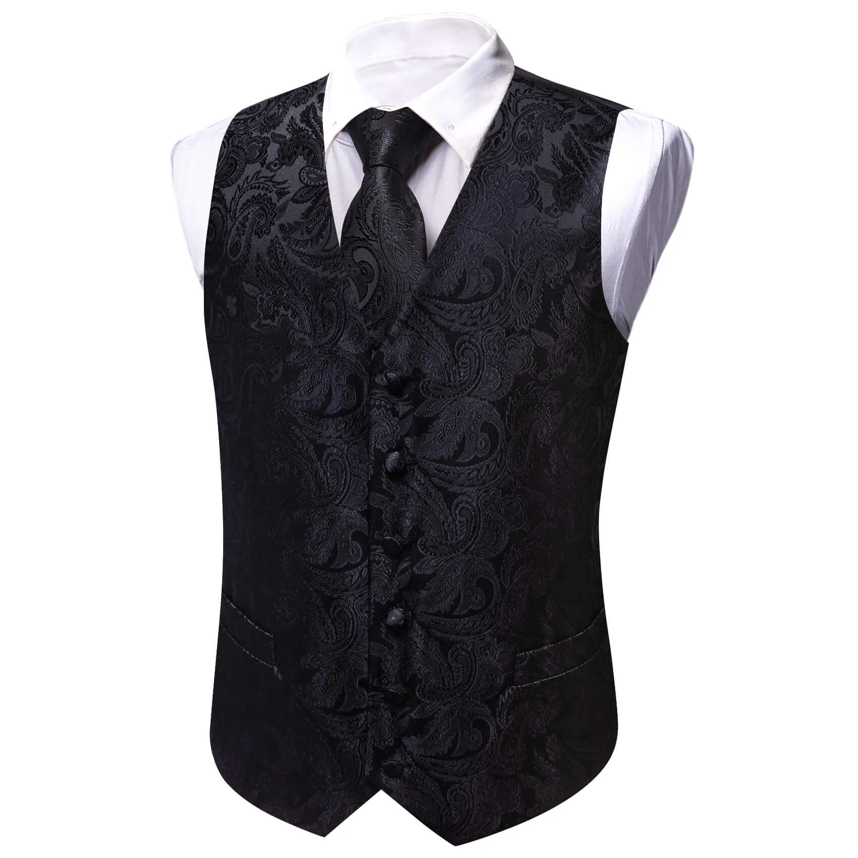 Barry. Wang Black Dress Waistcoat Silk Paisley Formal Vest Necktie Hanky Cufflinks Set sold by Barrywang product image thumbnail 4