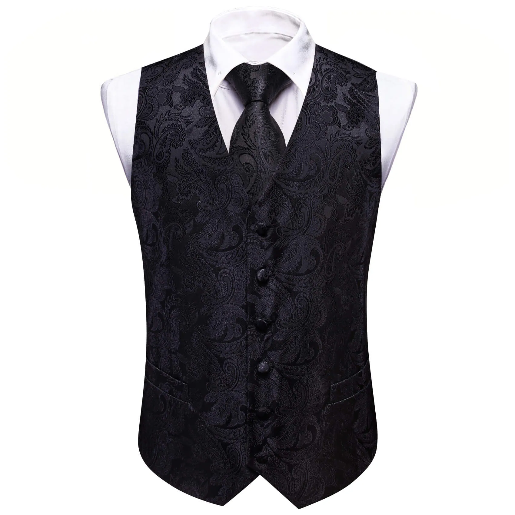 Barry. Wang Black Dress Waistcoat Silk Paisley Formal Vest Necktie Hanky Cufflinks Set sold by Barrywang product image thumbnail 3