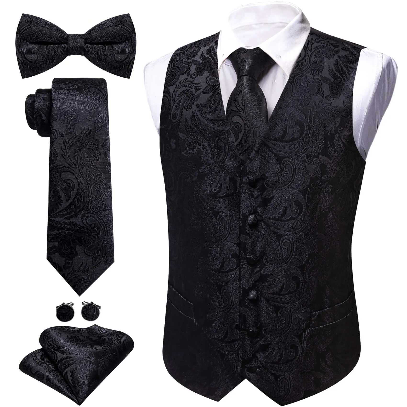 Barry. Wang Black Dress Waistcoat Silk Paisley Formal Vest Necktie Hanky Cufflinks Set sold by Barrywang product image thumbnail 2