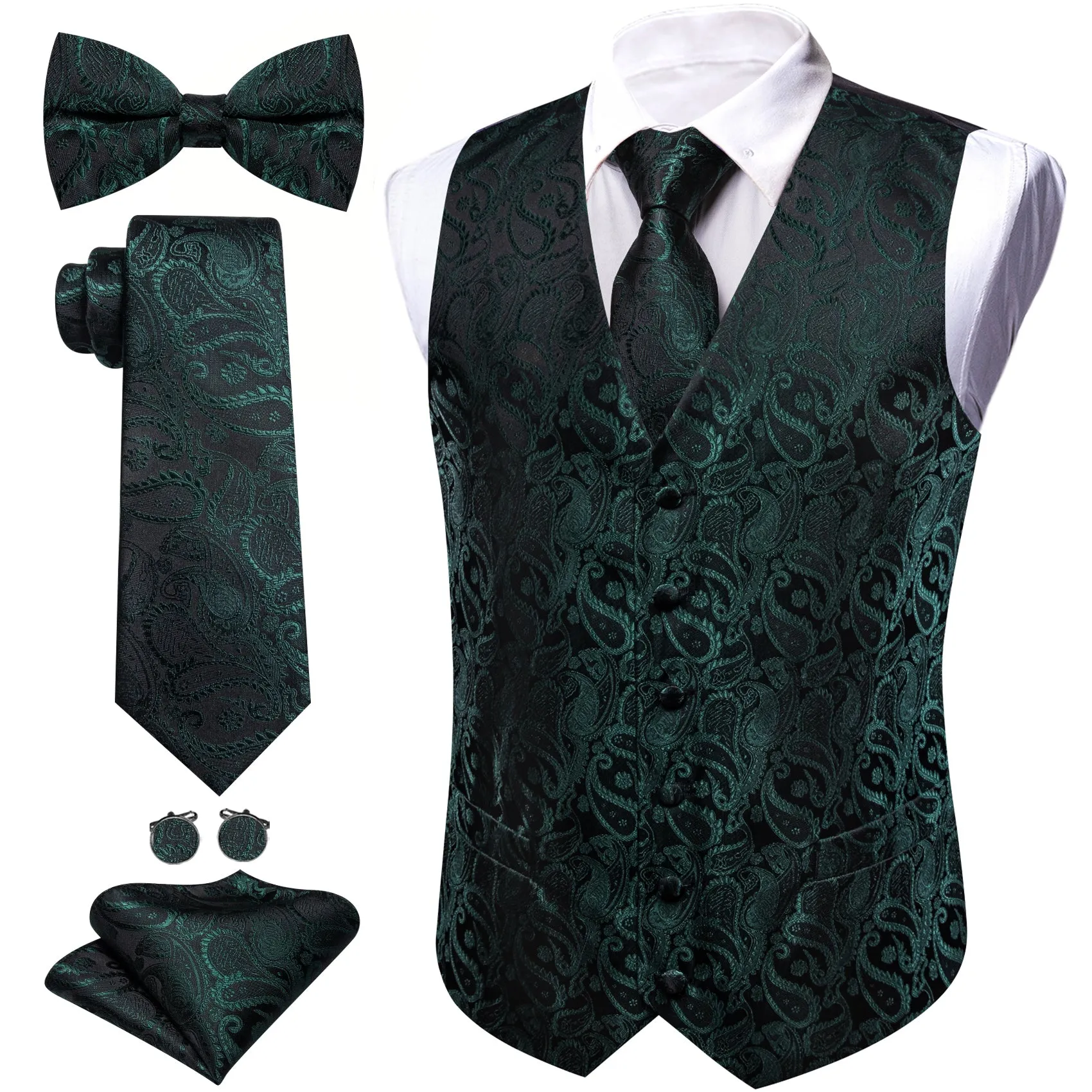 Barry. Wang Hunter Green Formal Vest Paisley V-Neck Suit Waistcoat Tie Hanky Cufflinks Set sold by Barrywang product image thumbnail 2