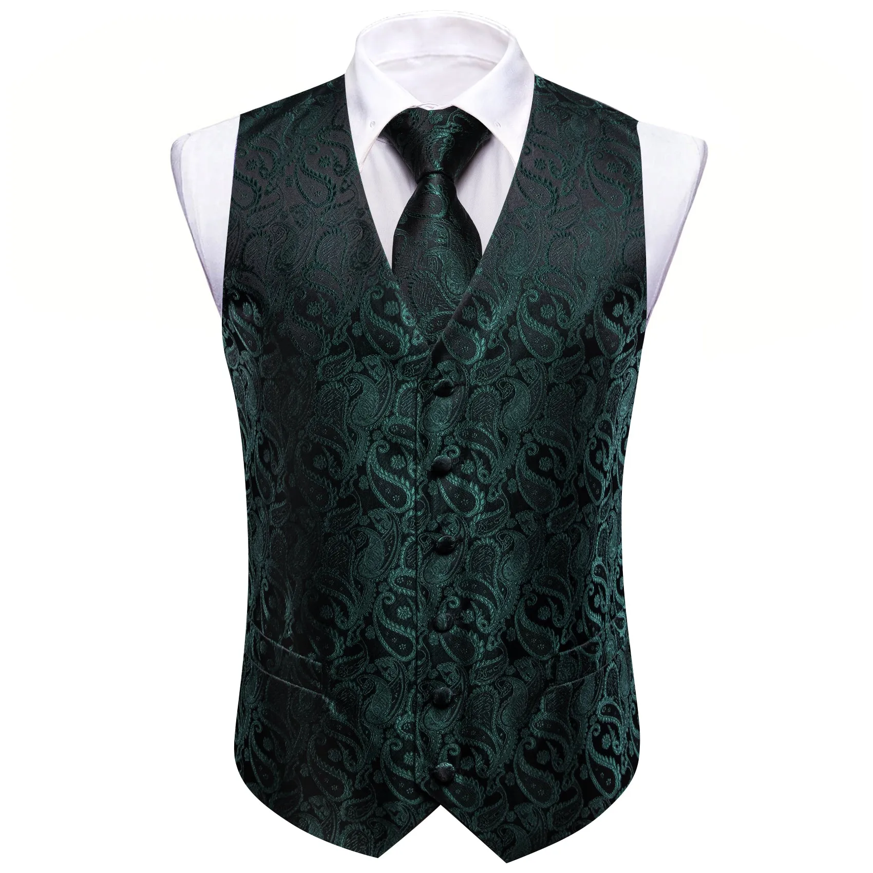 Barry. Wang Hunter Green Formal Vest Paisley V-Neck Suit Waistcoat Tie Hanky Cufflinks Set sold by Barrywang product image thumbnail 3