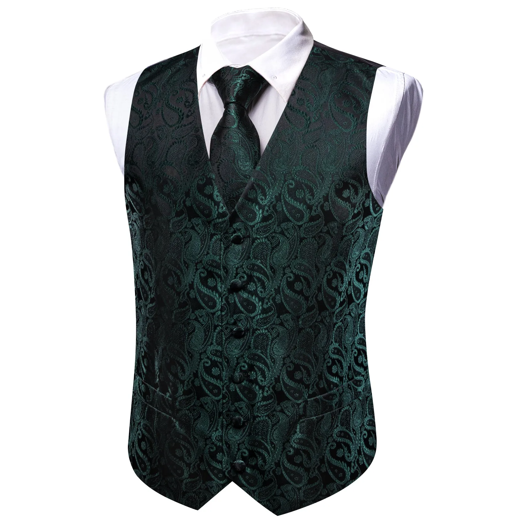 Barry. Wang Hunter Green Formal Vest Paisley V-Neck Suit Waistcoat Tie Hanky Cufflinks Set sold by Barrywang product image thumbnail 4