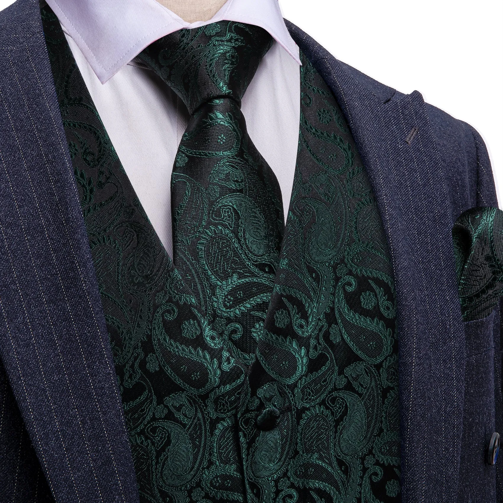 Barry. Wang Hunter Green Formal Vest Paisley V-Neck Suit Waistcoat Tie Hanky Cufflinks Set sold by Barrywang
