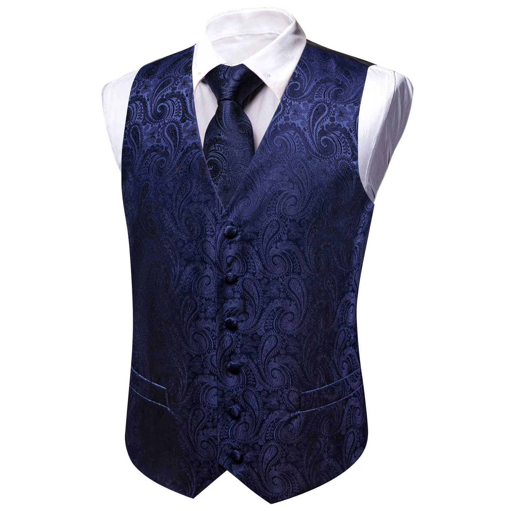 Barry. Wang Navy Blue Formal Vest Paisley Party Suit Vest Neckties Tie Hanky Cufflinks Set sold by Barrywang product image thumbnail 4