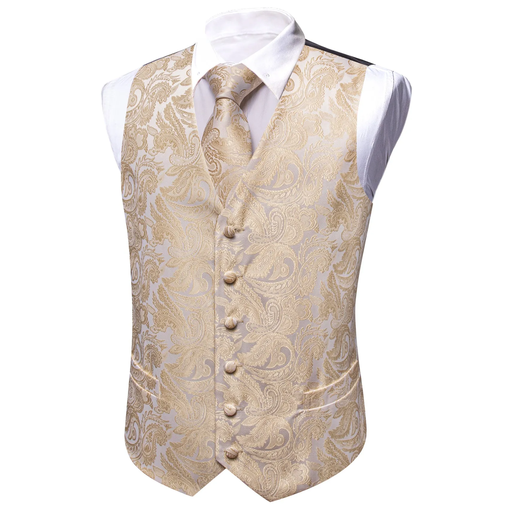 Barry. Wang Mens Champagne Suit Vest Formal Paisley Wedding Waistcoat Tie Hanky Cufflinks Set sold by Barrywang product image thumbnail 4
