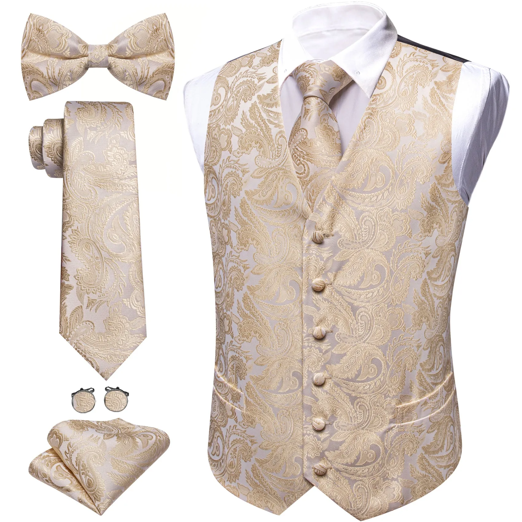 Barry. Wang Mens Champagne Suit Vest Formal Paisley Wedding Waistcoat Tie Hanky Cufflinks Set sold by Barrywang product image thumbnail 2