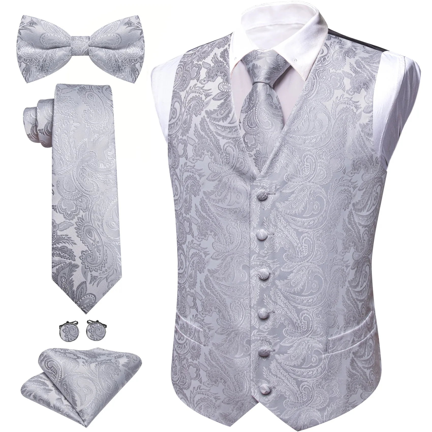 Barry. Wang Silver Suit Vest Formal Silk Paisley Wedding Waistcoat Necktie Hanky Cufflinks Set sold by Barrywang product image thumbnail 2