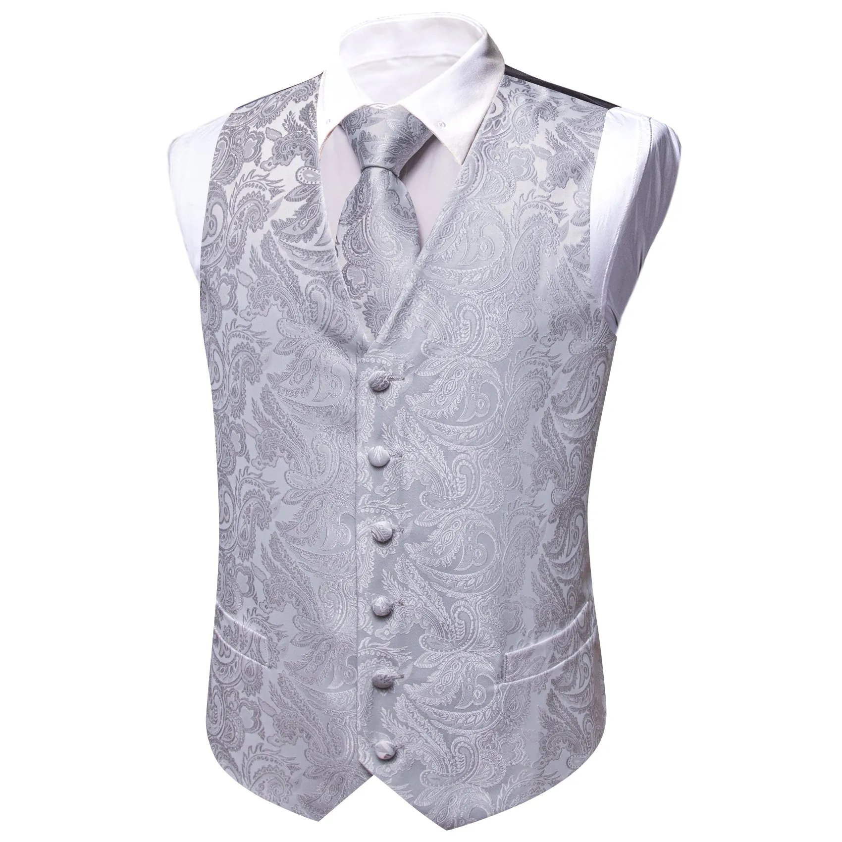 Barry. Wang Silver Suit Vest Formal Silk Paisley Wedding Waistcoat Necktie Hanky Cufflinks Set sold by Barrywang product image thumbnail 4