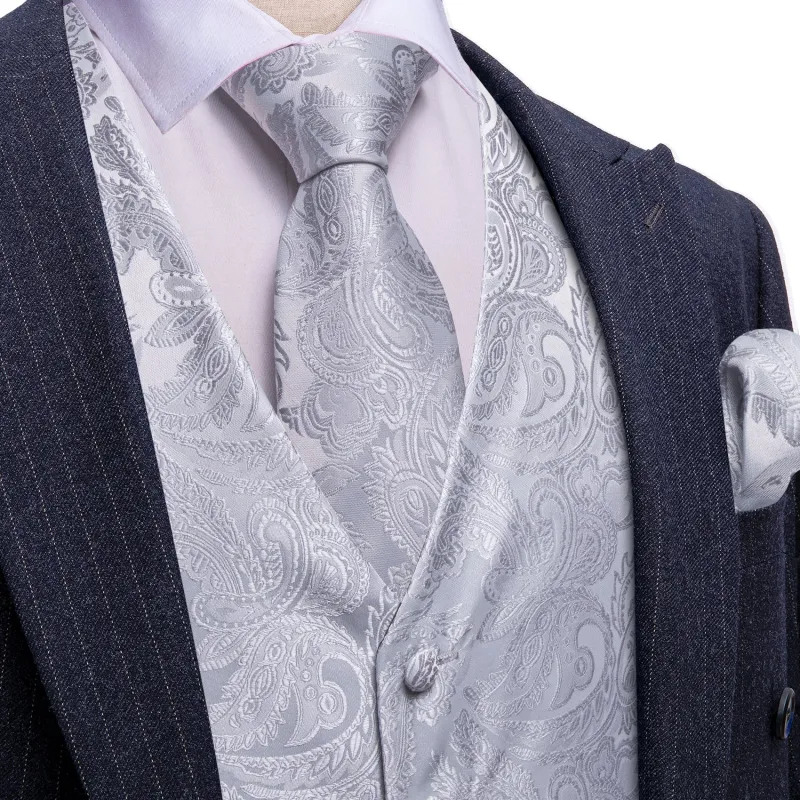 Barry. Wang Silver Suit Vest Formal Silk Paisley Wedding Waistcoat Necktie Hanky Cufflinks Set sold by Barrywang