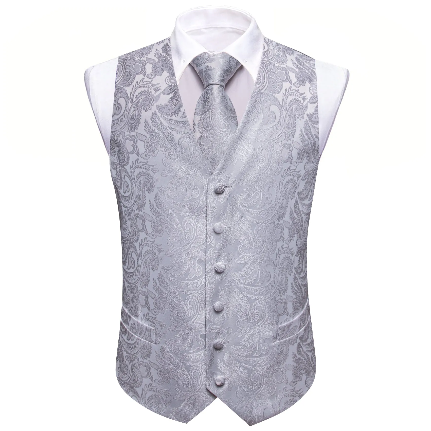 Barry. Wang Silver Suit Vest Formal Silk Paisley Wedding Waistcoat Necktie Hanky Cufflinks Set sold by Barrywang product image thumbnail 3