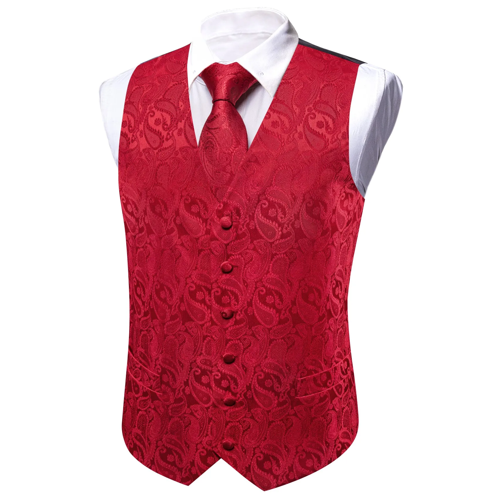 Barry. Wang Silk Red Suit Vest Paisley Tuxedo Dress Waistcoat Necktie Hanky Cufflinks Set sold by Barrywang product image thumbnail 4