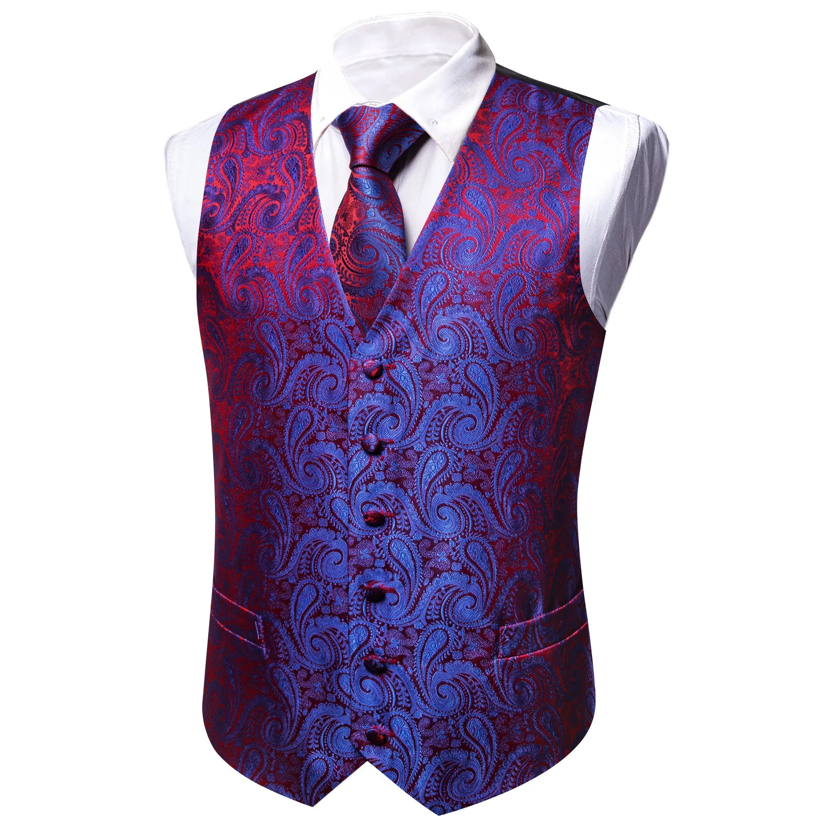 Barry. Wang Paisley Formal Vest Mens Blue Red Dress Vest Necktie Hanky Cufflinks Set sold by Barrywang product image thumbnail 4