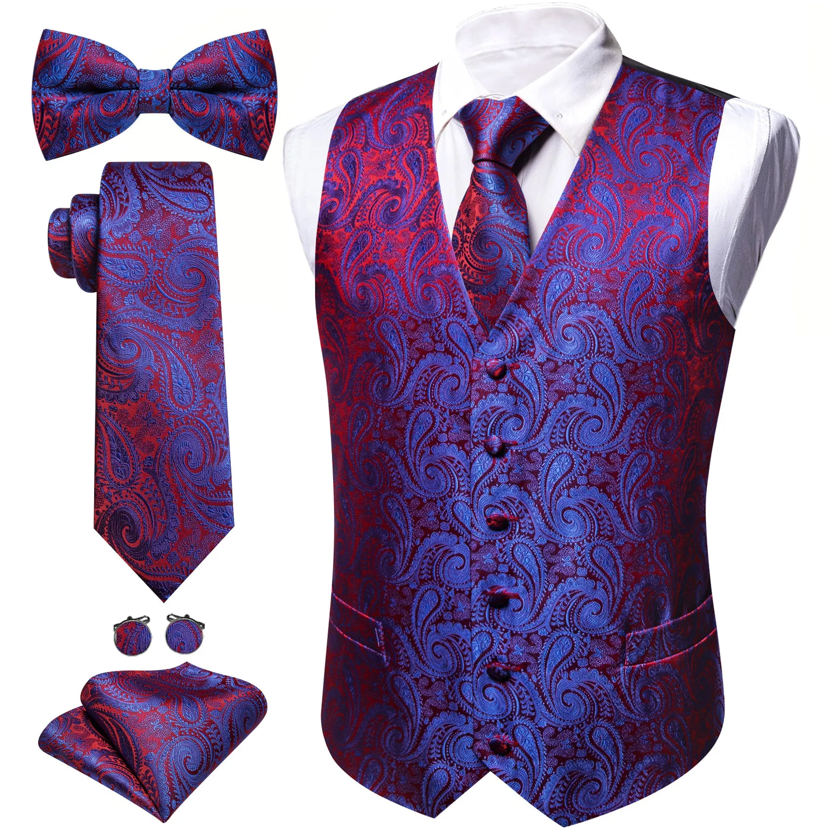 Barry. Wang Paisley Formal Vest Mens Blue Red Dress Vest Necktie Hanky Cufflinks Set sold by Barrywang product image thumbnail 2