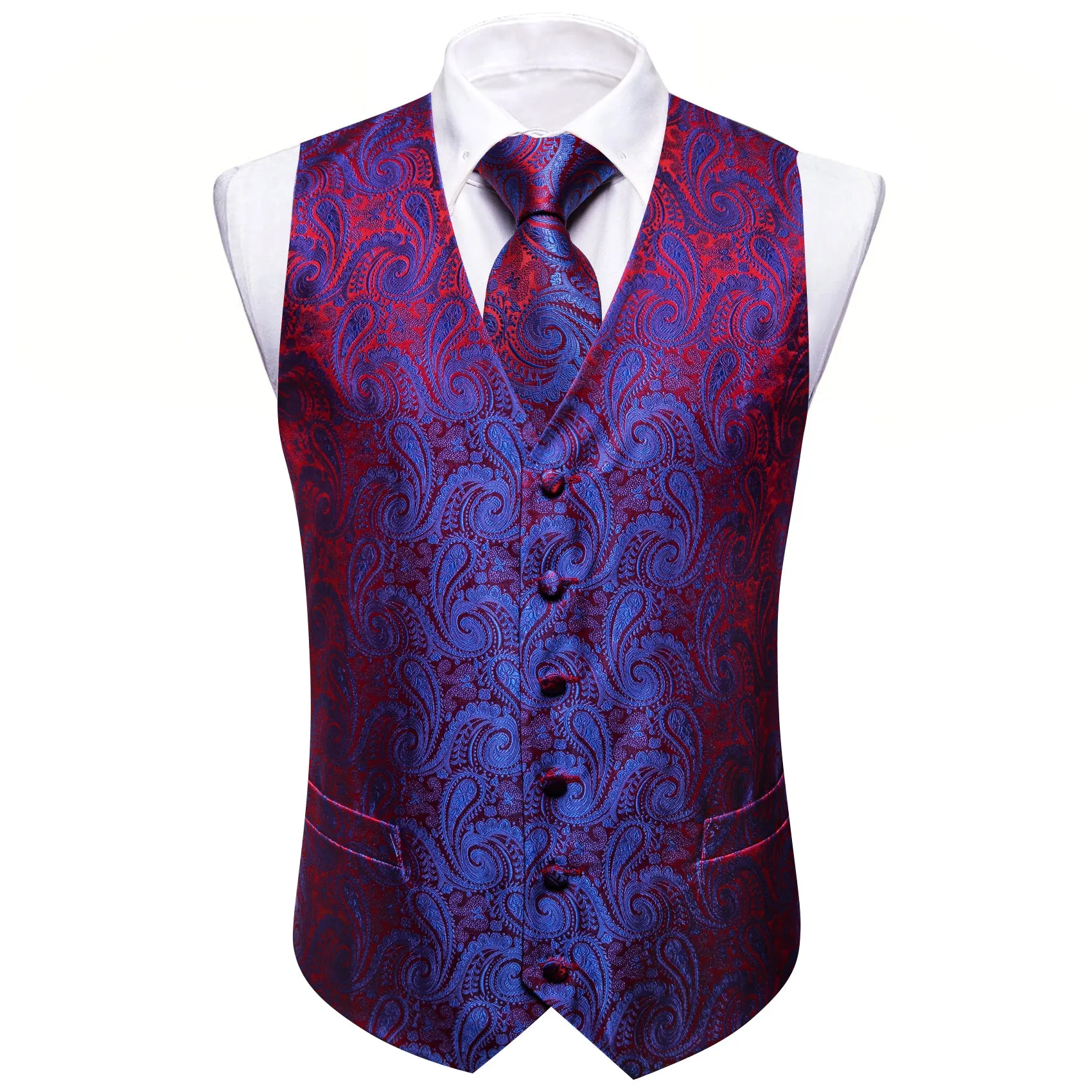 Barry. Wang Paisley Formal Vest Mens Blue Red Dress Vest Necktie Hanky Cufflinks Set sold by Barrywang product image thumbnail 3