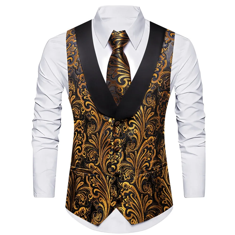 Barry. Wang Mens Gold Suit Vest Floral Shawl Collar Dress Waistcoat Tie Hanky Cufflinks Set sold by Barrywang product image thumbnail 3