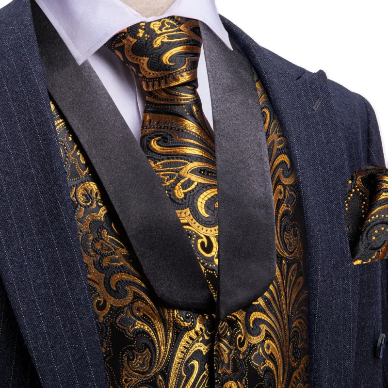 Barry. Wang Mens Gold Suit Vest Floral Shawl Collar Dress Waistcoat Tie Hanky Cufflinks Set sold by Barrywang