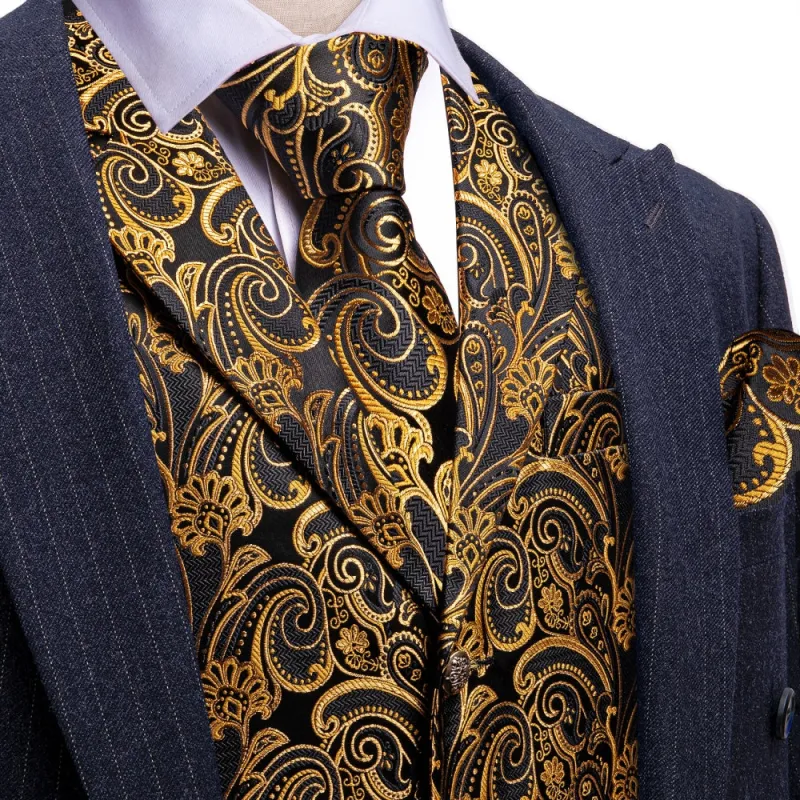 Barry. Wang Mens Paisley Suit Waistcoat Gold Dress Vest Tie Pocket Square Cufflinks Set sold by Barrywang